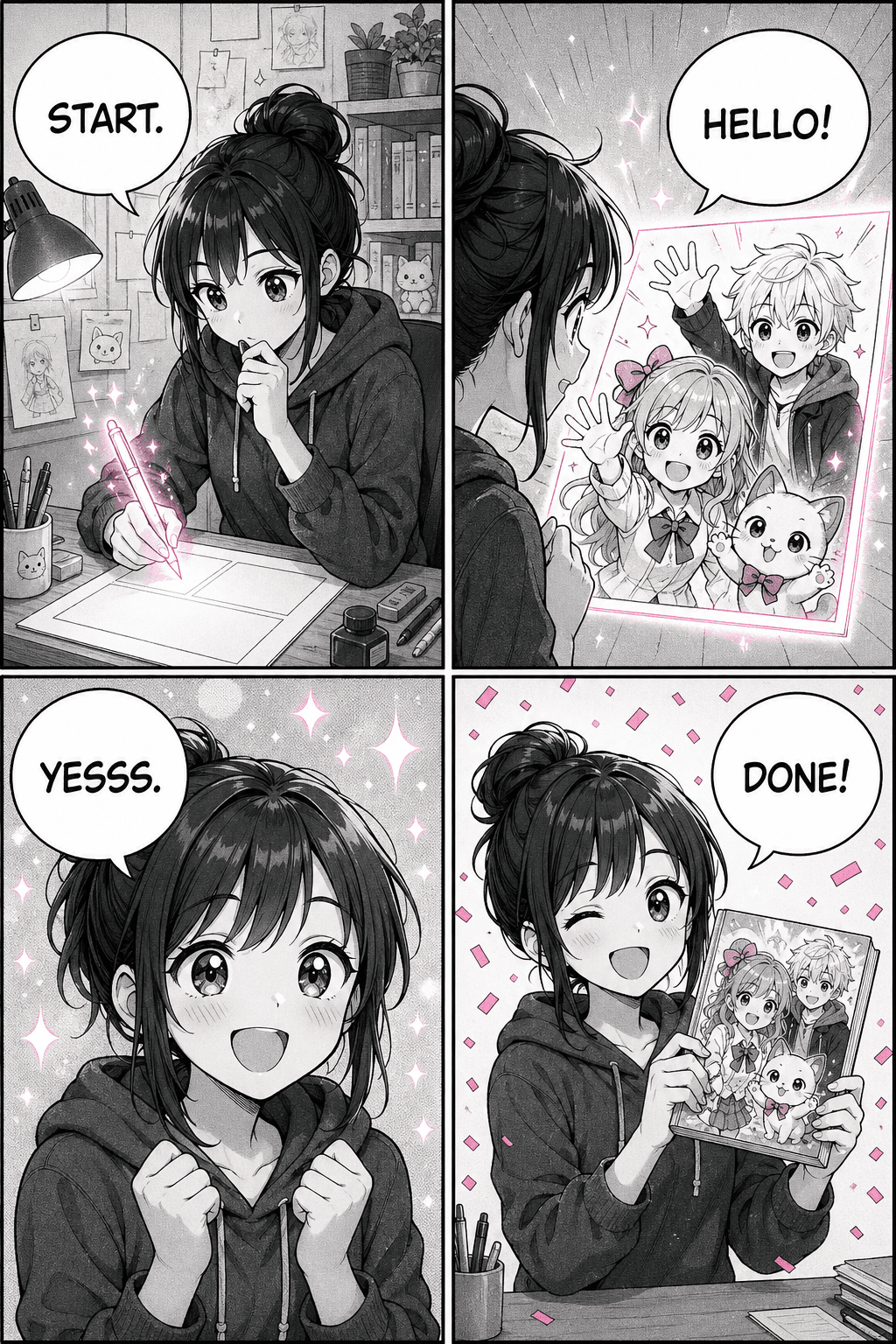 A free AI manga page made with Manga Maker — four screentone panels